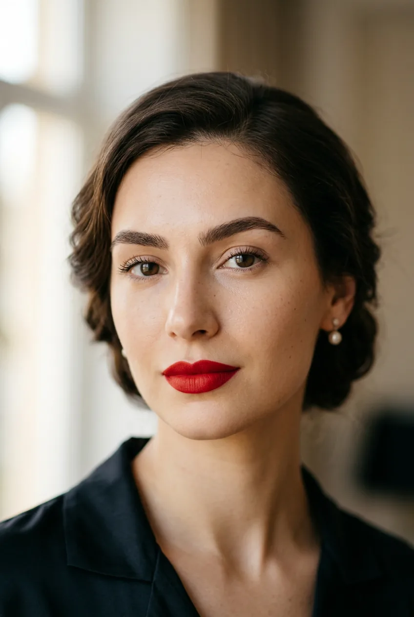Woman with classic true red lipstick and minimal eye makeup