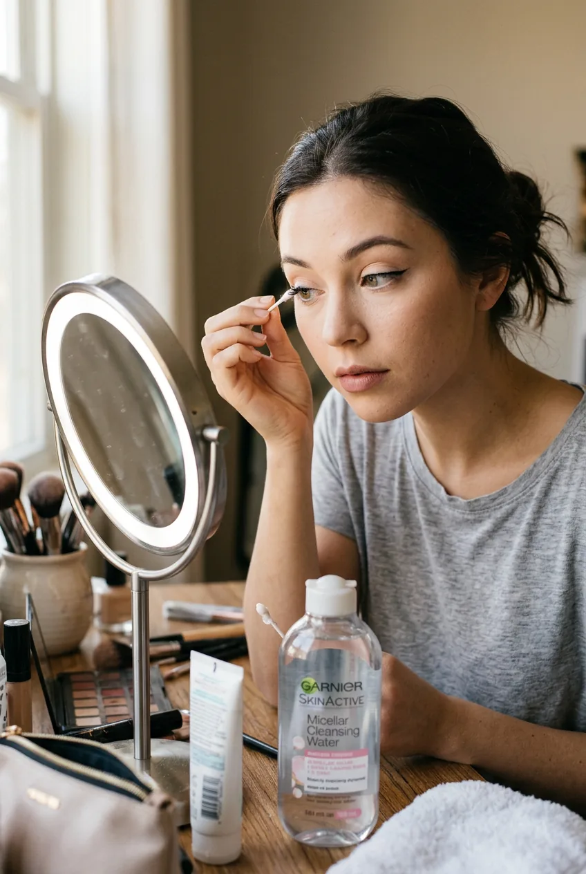 Cotton swab dipped in micellar water being used to gently clean up eyeliner application mistakes