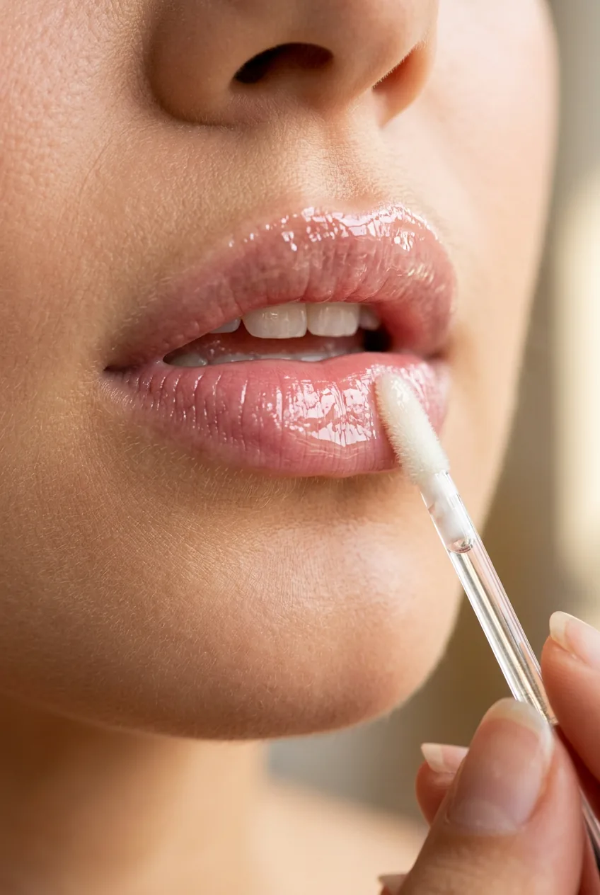 Doe-foot applicator applying clear lip gloss creating wet glossy finish on natural lips