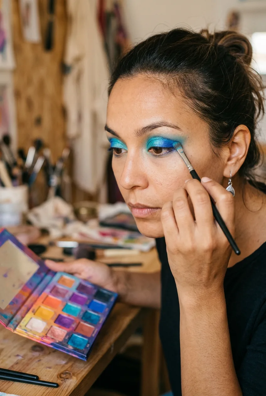 Woman applying vibrant eyeshadow with precision brush showing focused concentration
