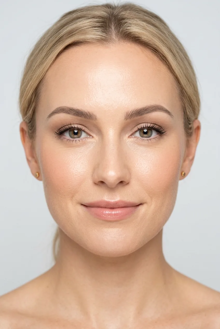 Completed natural everyday makeup look showing glowing skin and defined features