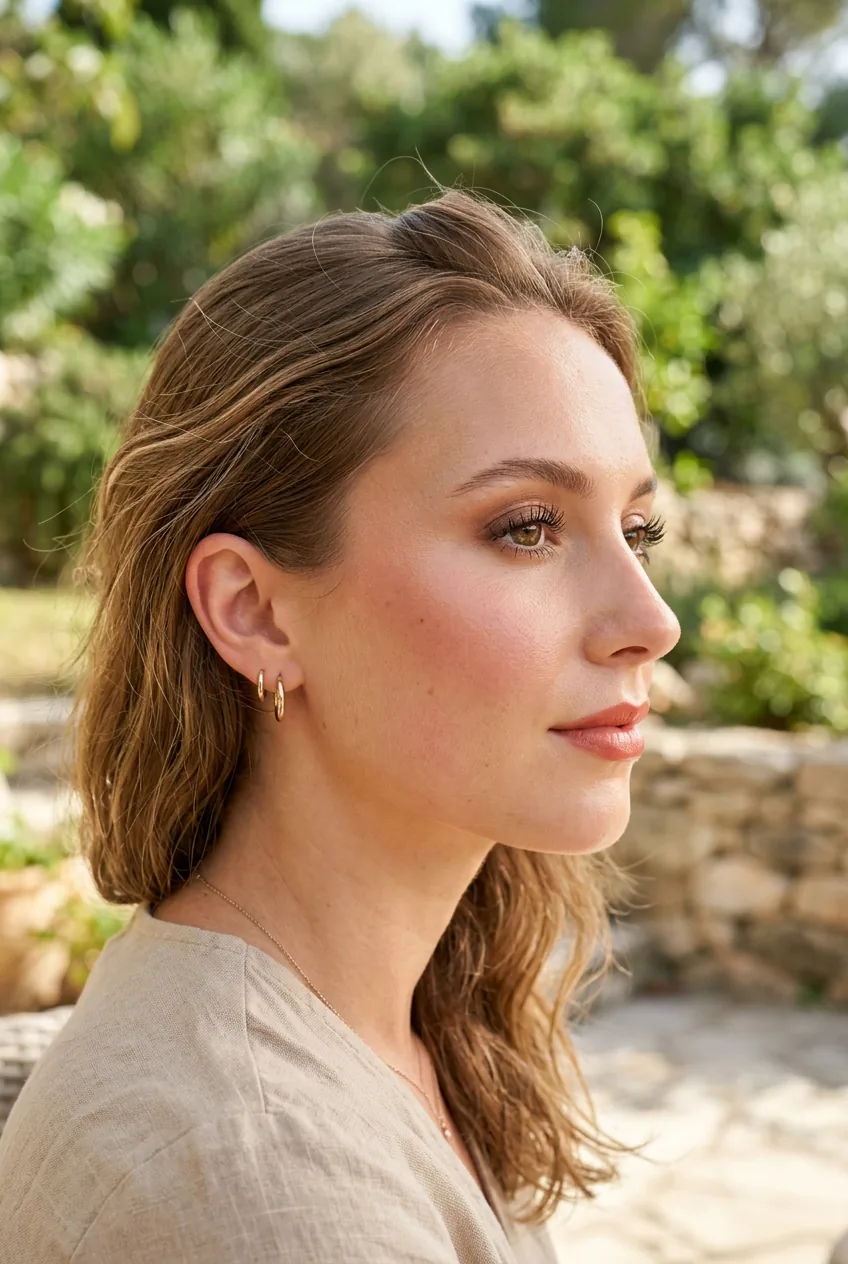 Profile view of woman wearing complete summer makeup look with dewy skin and lasting wear