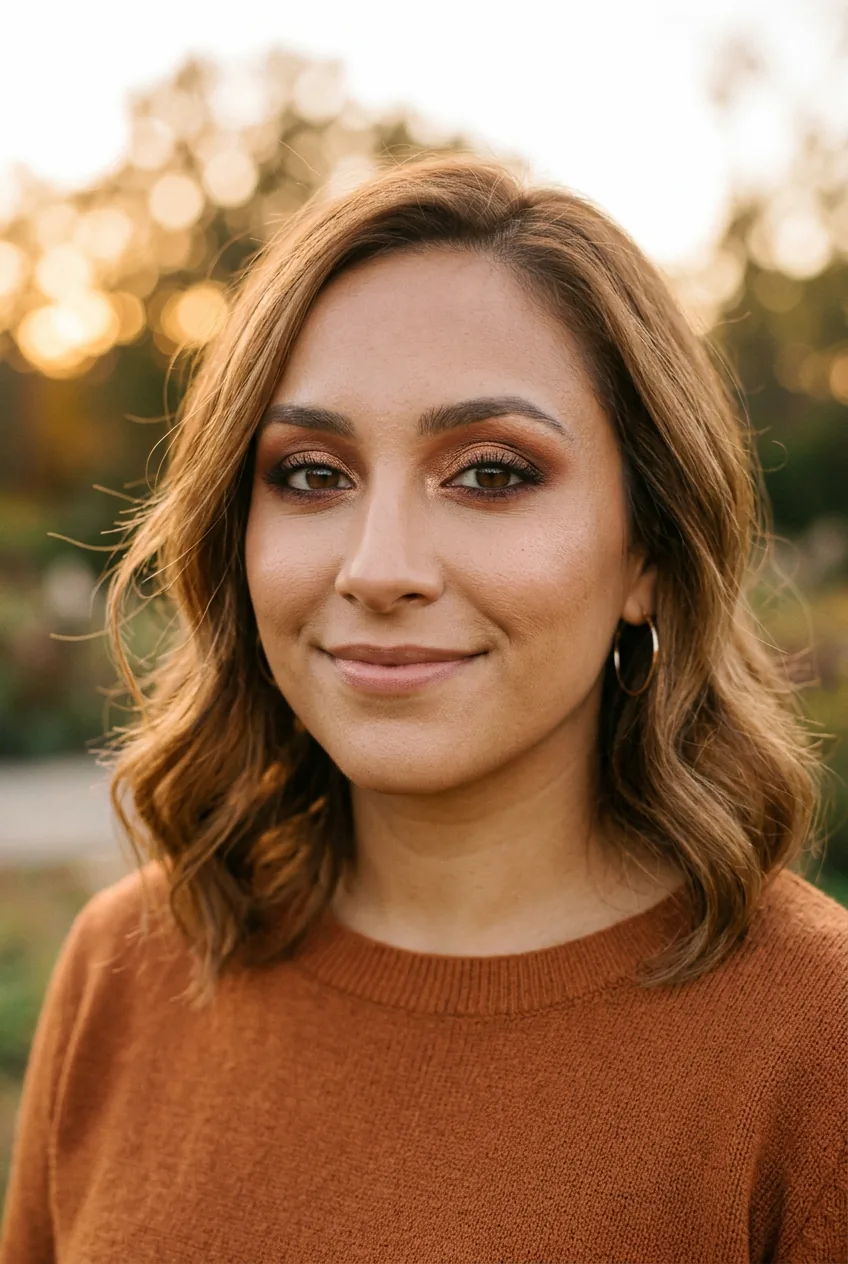 Woman with completed bronze smoky eye look featuring copper and brown eyeshadow