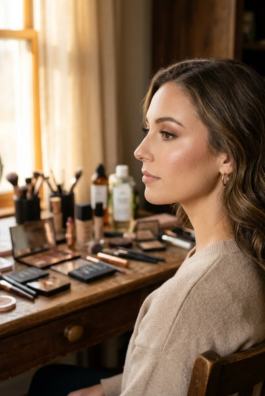 Side profile showing finished soft glam makeup look in warm natural lighting