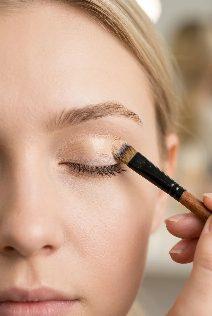 Small flat brush applying concealer base to closed eyelid for smooth makeup prep