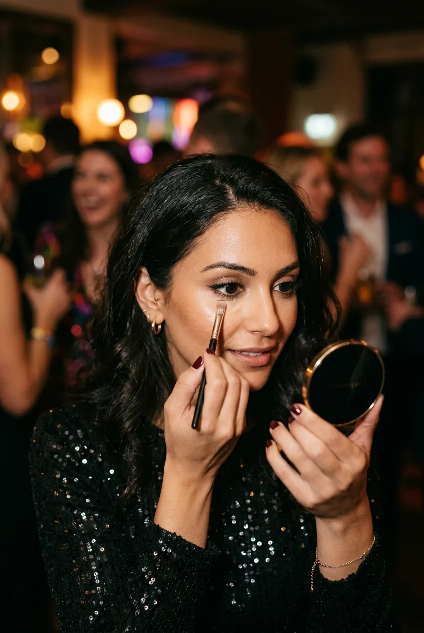 Woman touching up makeup with concealer using handheld compact mirror at evening party