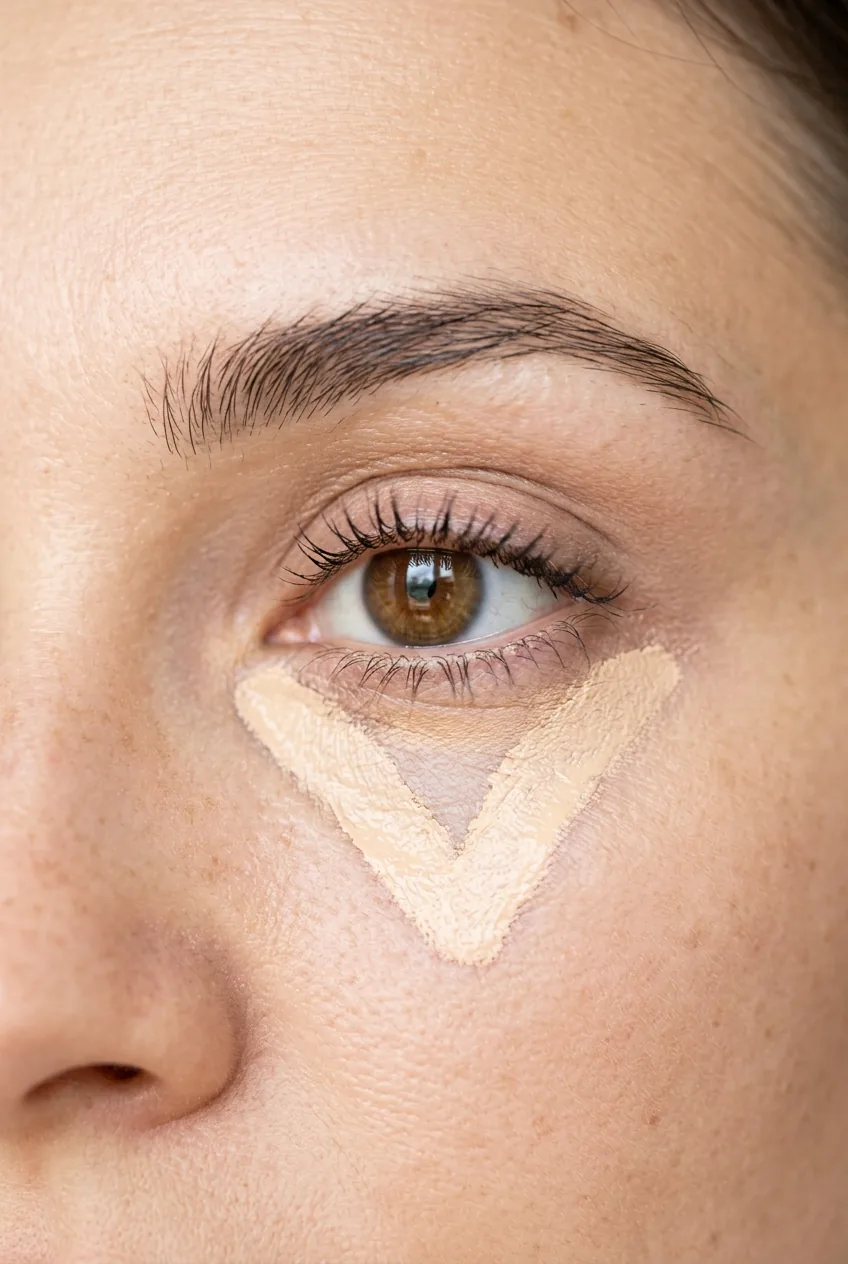 Concealer applied in triangle shape under eye to brighten and lift appearance
