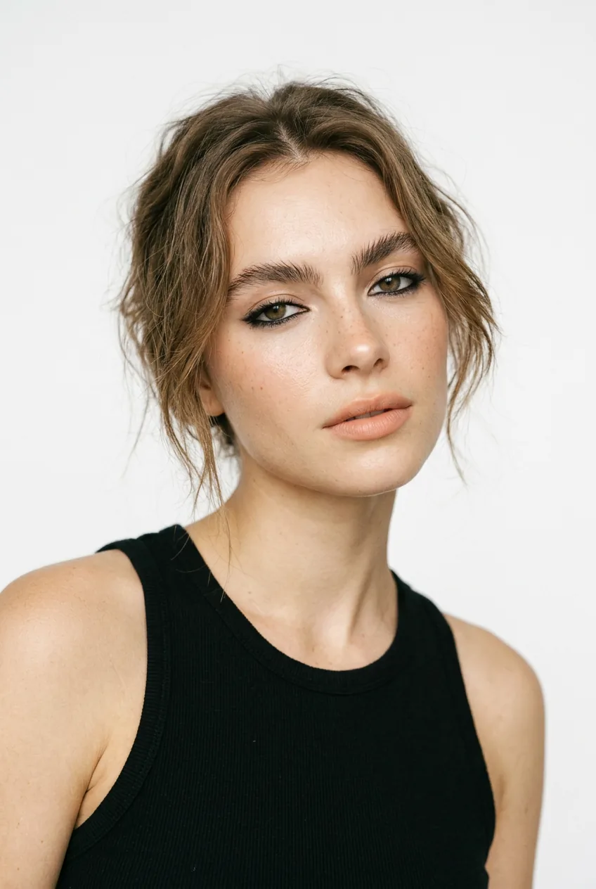 Woman sporting effortless cool-girl makeup with slightly smudged liner and relaxed brow styling