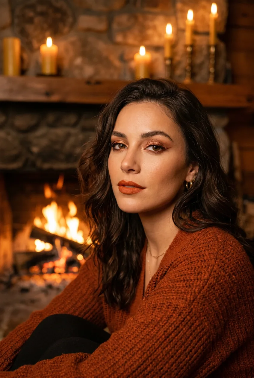 Evening makeup look featuring copper eyeliner and burnt orange lips by candlelight