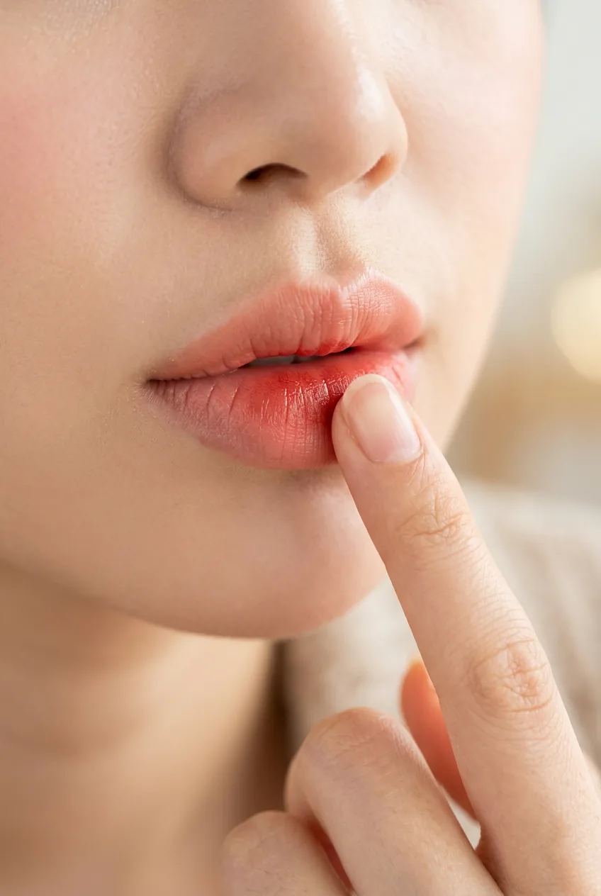 Fingertip dabbing deeper coral color into center of lips to begin gradient effect