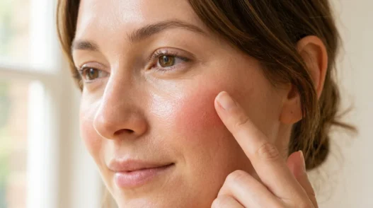 Close-up of fingertip gently blending cream blush into apple of cheek with dewy skin texture