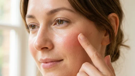 Close-up of fingertip gently blending cream blush into apple of cheek with dewy skin texture