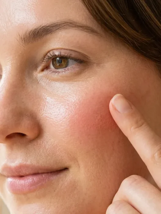 Close-up of fingertip gently blending cream blush into apple of cheek with dewy skin texture