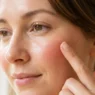 Close-up of fingertip gently blending cream blush into apple of cheek with dewy skin texture