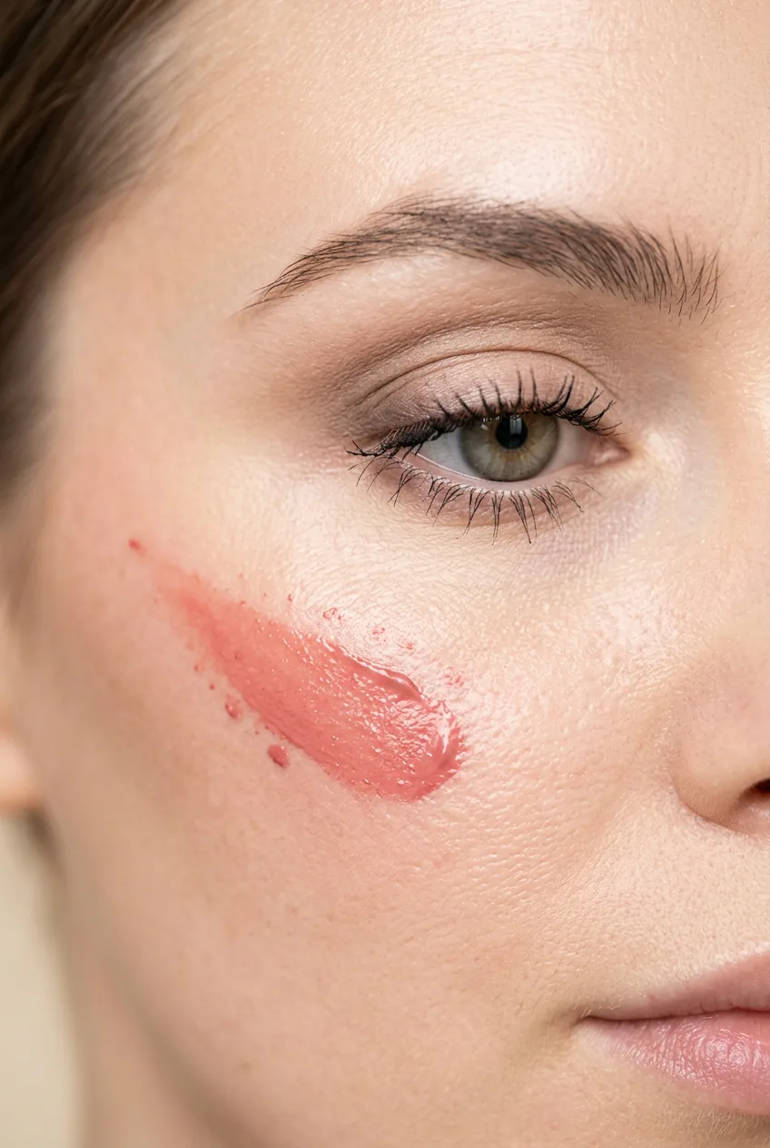 Cheek area showing cream blush application technique for long-lasting color that stains skin