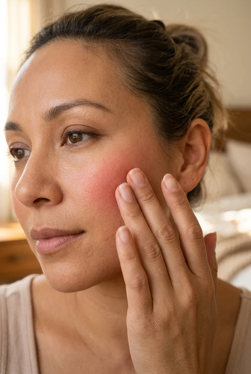Fingertips blending cream blush into apple of cheek with seamless application technique