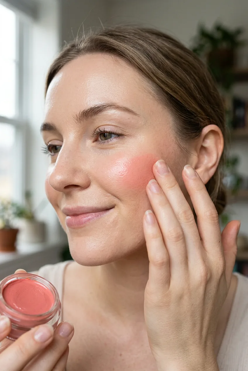 Fingertips applying peachy-pink cream blush to apple of cheek over dewy base makeup