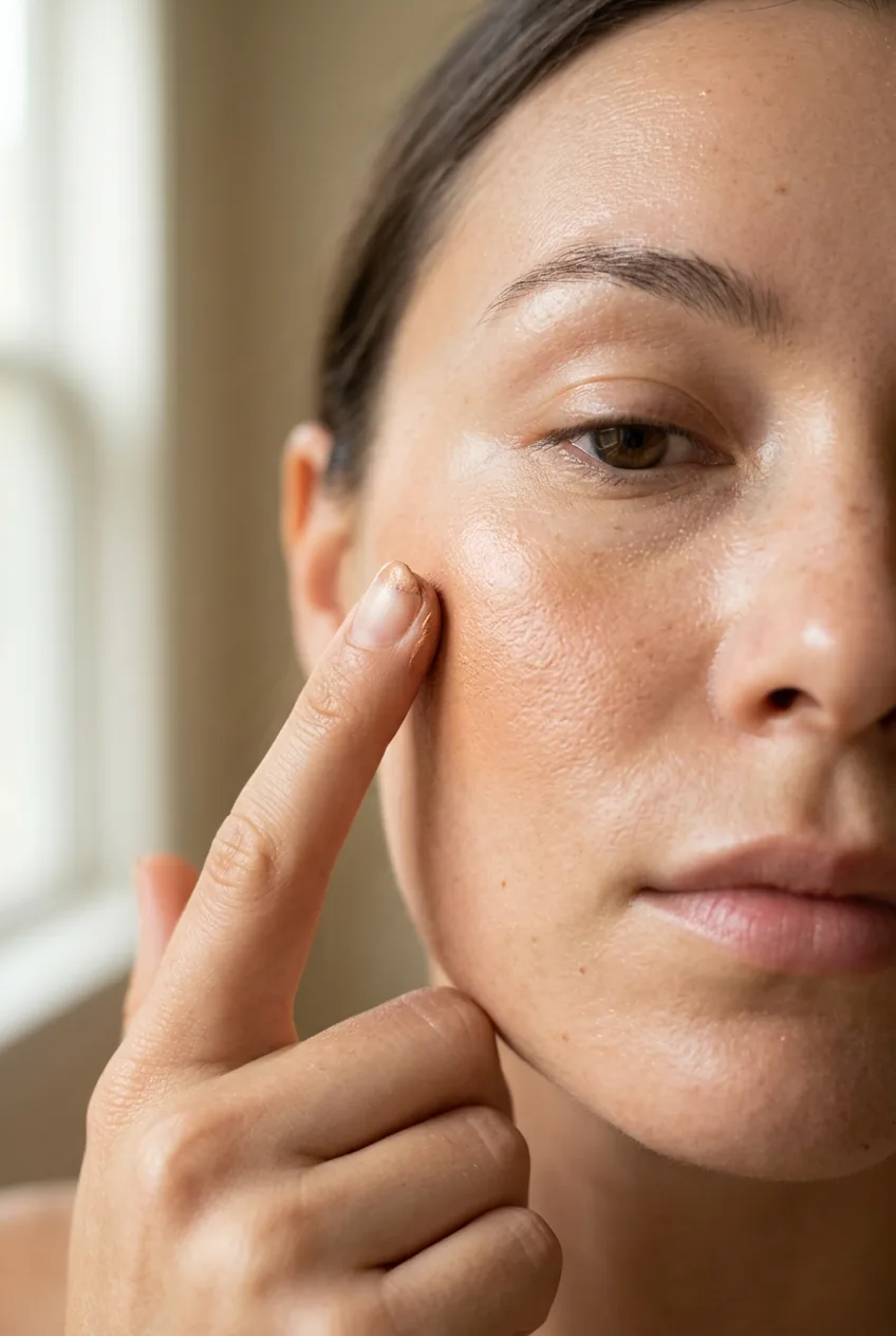 Fingertip patting cream bronzer along cheekbone creating seamless warm wash on dewy skin