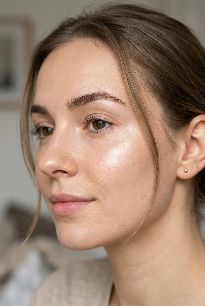 Extreme close-up showing subtle cream highlighter on cheekbones and nose bridge creating natural glow