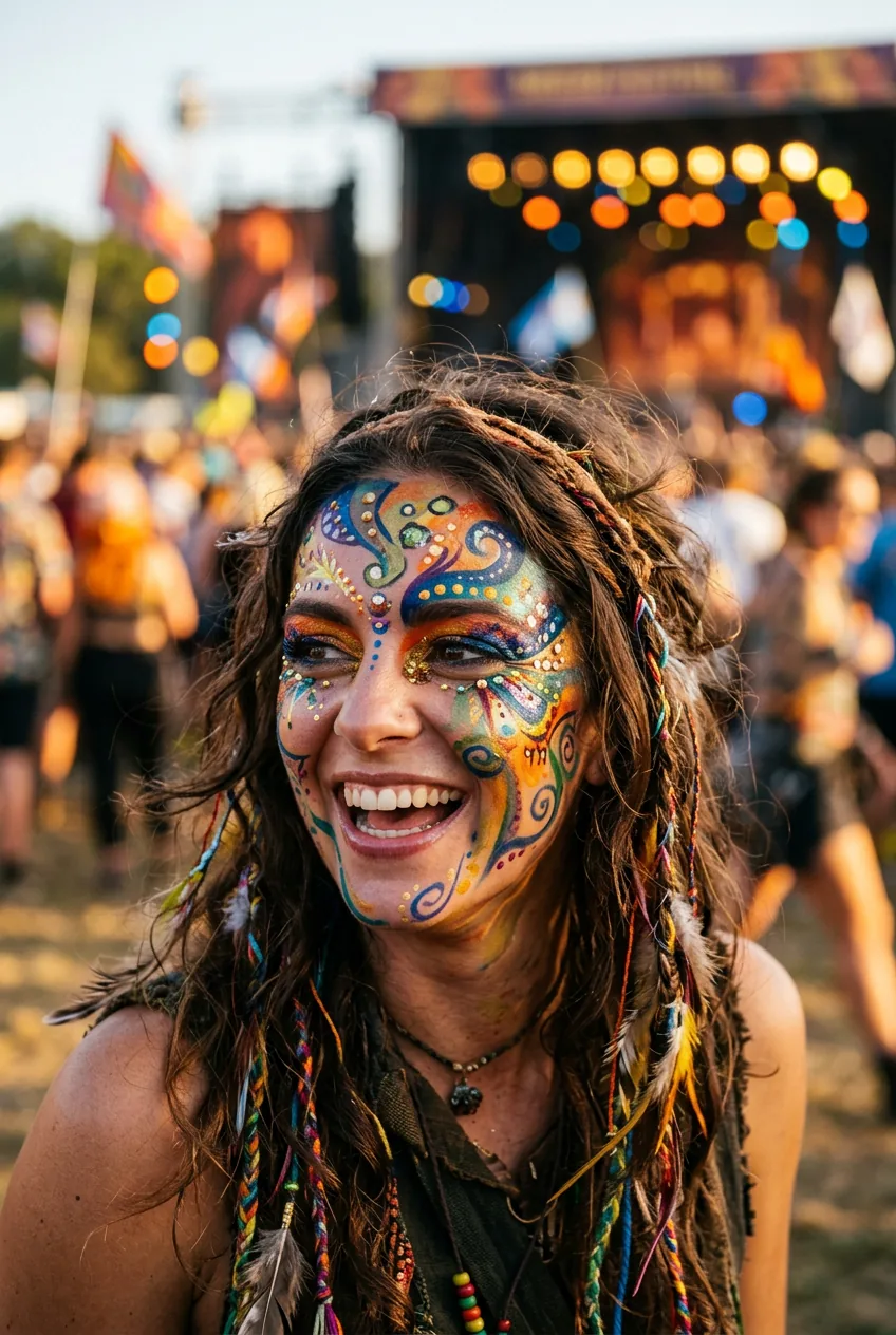 Woman displaying creative artistic halloween face paint with abstract colorful geometric designs