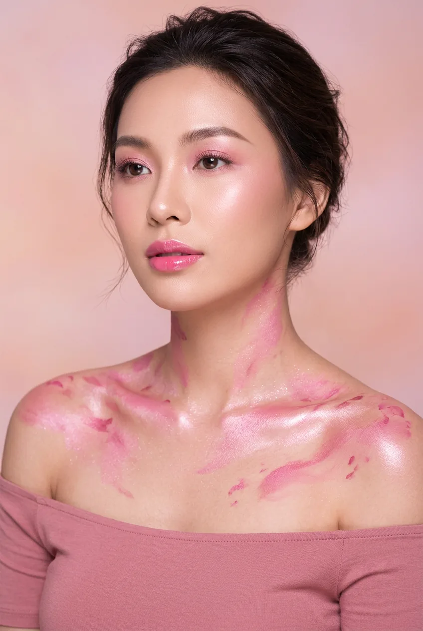 Woman showing creative pink makeup application on collarbones and shoulders with editorial styling