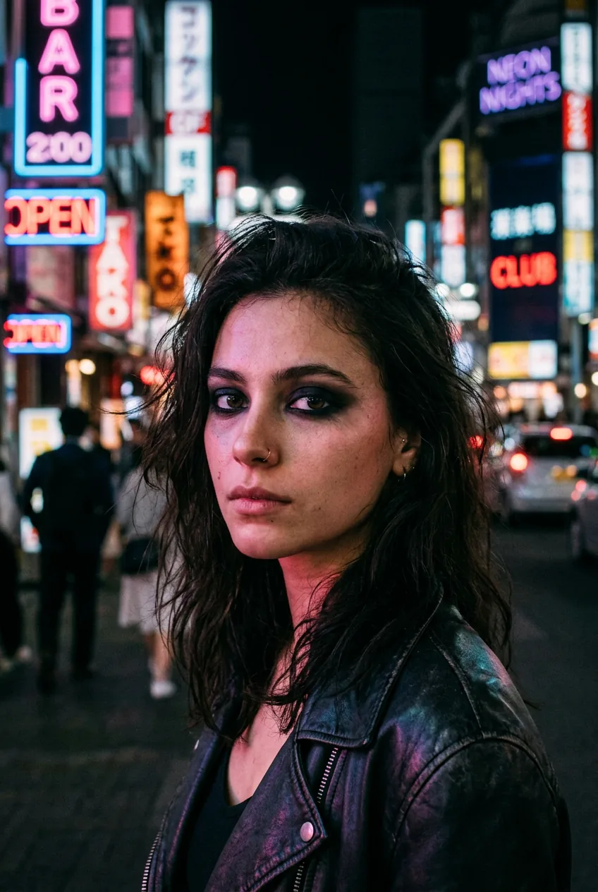 Woman with dark smudged eyeshadow and kohl liner under colorful neon lights