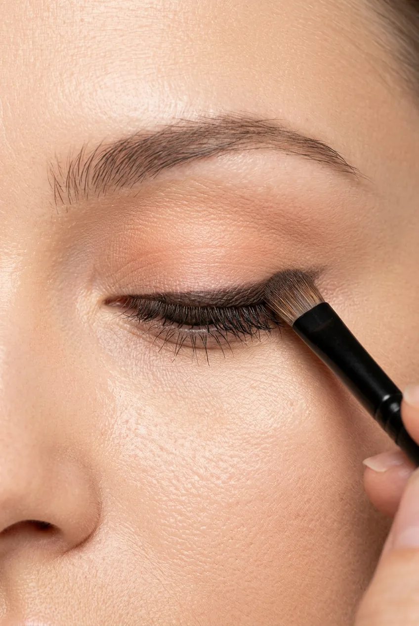 Flat shader brush precisely patting dark eyeshadow along lash line with controlled pressure