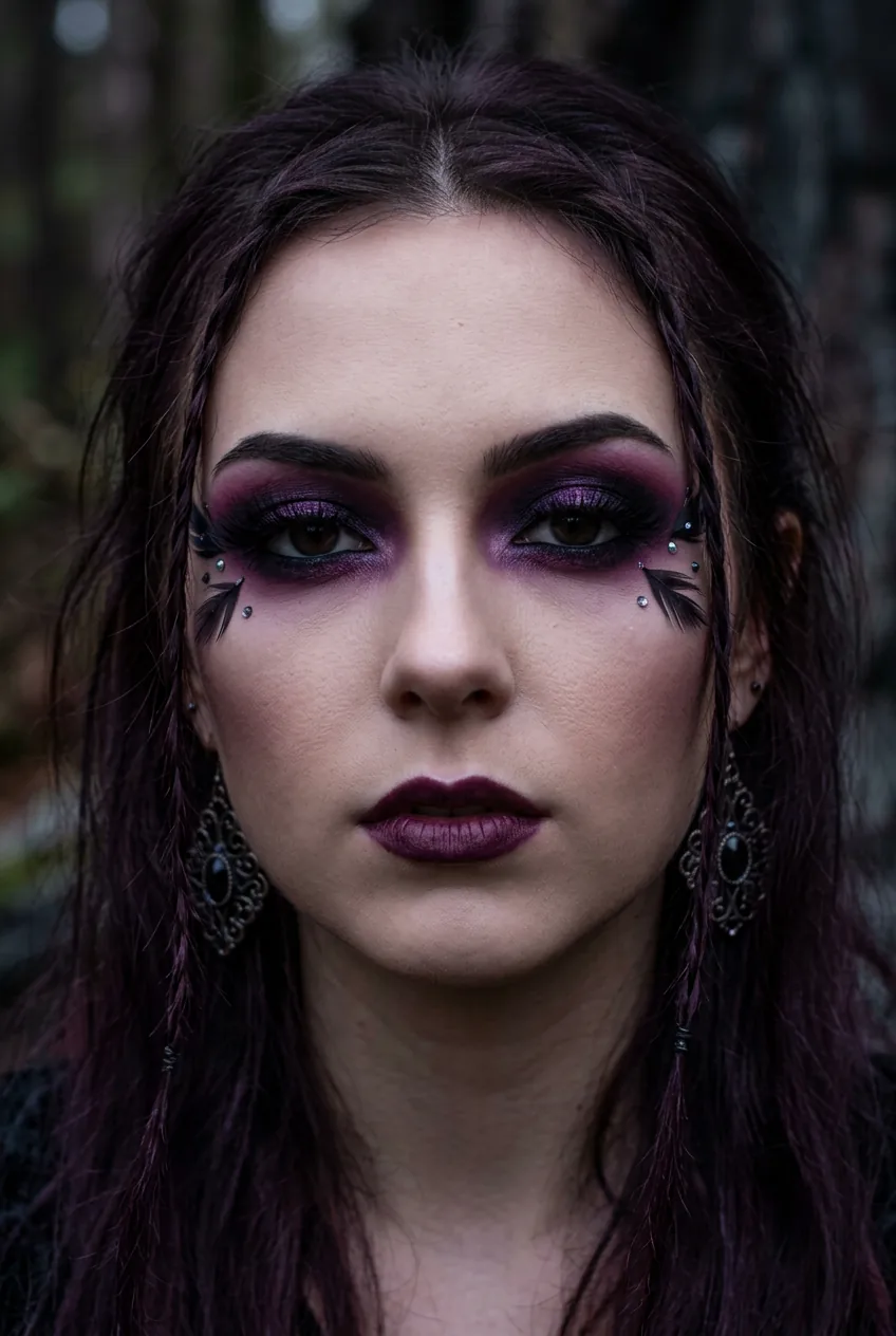 Woman wearing intense dark smoky eyeshadow in purple and black for demon fairy Halloween look