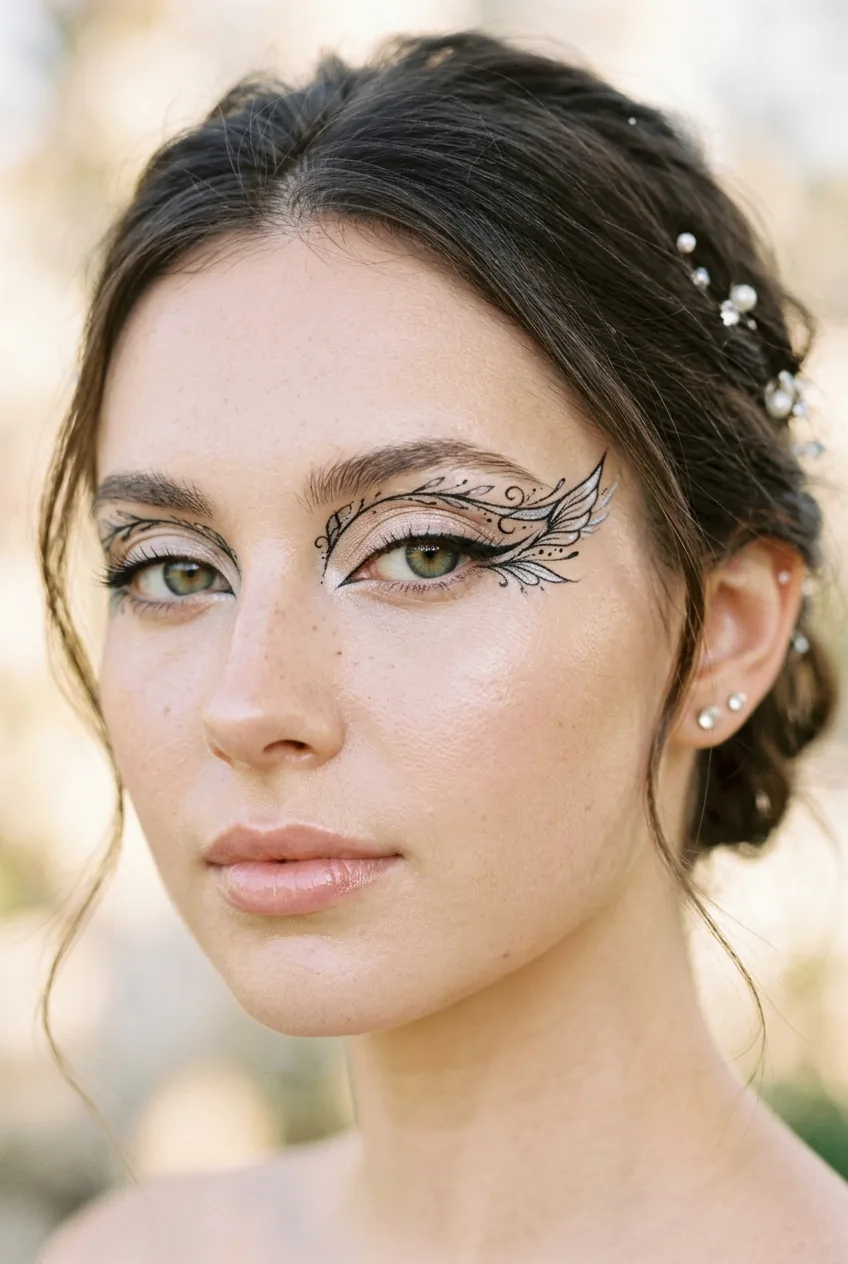 Woman displaying intricate eyeliner wings extending from eyes in delicate angel fairy design