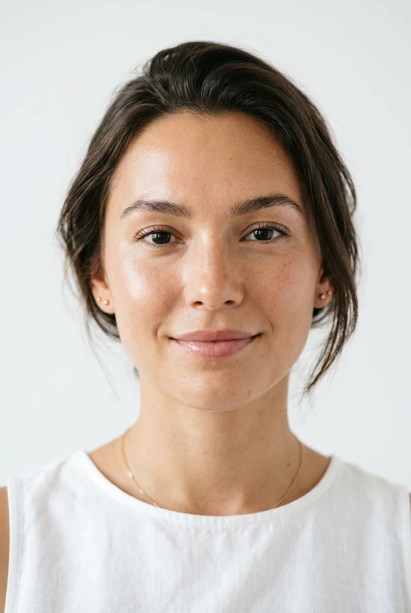 Woman with natural dewy makeup look showing perfect glowing skin and minimal coverage