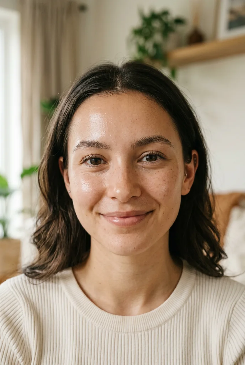 Close-up of woman's face showing natural skin texture with barely-there clean girl makeup