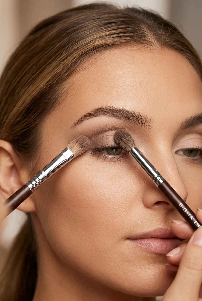 Dome brush working medium eyeshadow into outer corner using circular blending motions