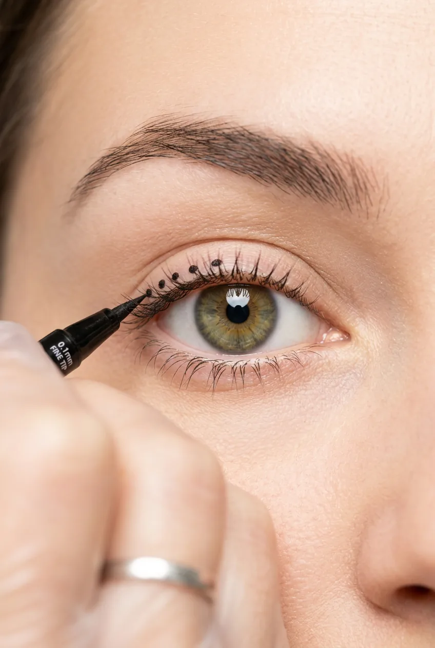 Close-up of eye with small guide dots being placed along upper lash line with liquid liner