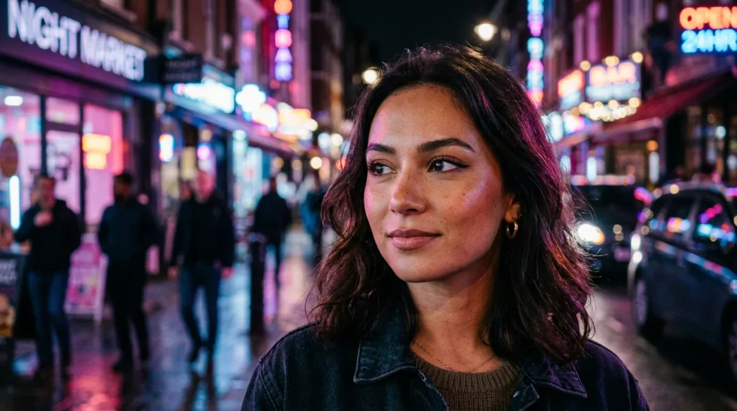 Woman with modern Douyin-inspired makeup in neon-lit urban nighttime setting