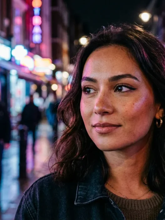 Woman with modern Douyin-inspired makeup in neon-lit urban nighttime setting
