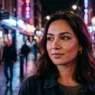 Woman with modern Douyin-inspired makeup in neon-lit urban nighttime setting