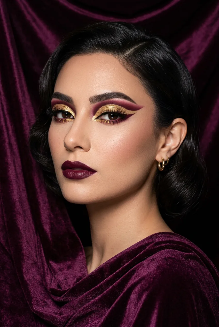 Woman with dramatic cut crease makeup in burgundy and gold with geometric floating shape