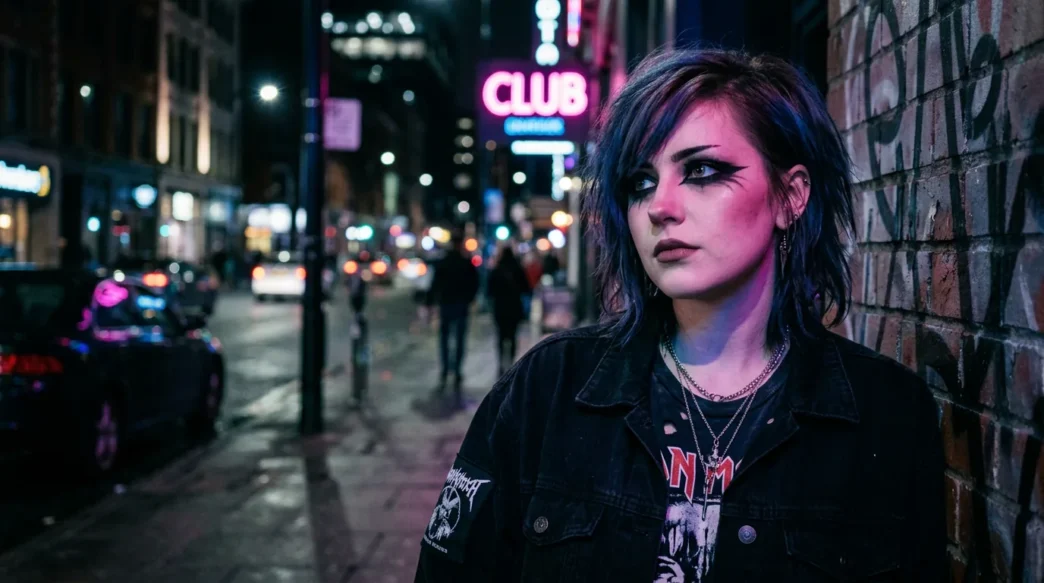 Woman with dramatic emo makeup featuring thick black eyeliner in neon-lit urban setting