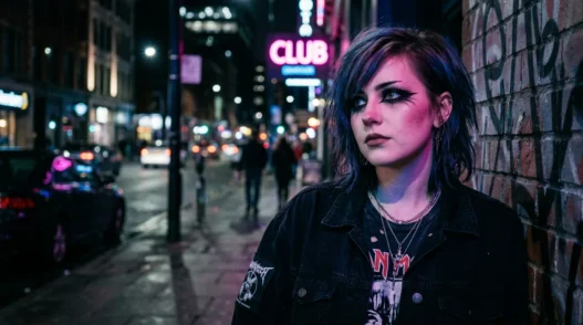 Woman with dramatic emo makeup featuring thick black eyeliner in neon-lit urban setting