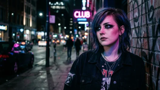 Woman with dramatic emo makeup featuring thick black eyeliner in neon-lit urban setting