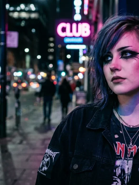 Woman with dramatic emo makeup featuring thick black eyeliner in neon-lit urban setting