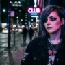 Woman with dramatic emo makeup featuring thick black eyeliner in neon-lit urban setting