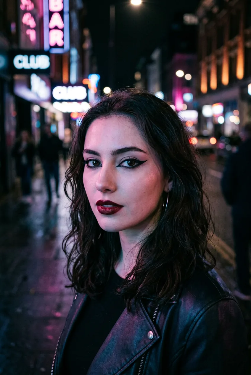 Woman wearing dramatic vampire makeup with bold winged eyeliner and deep burgundy lips