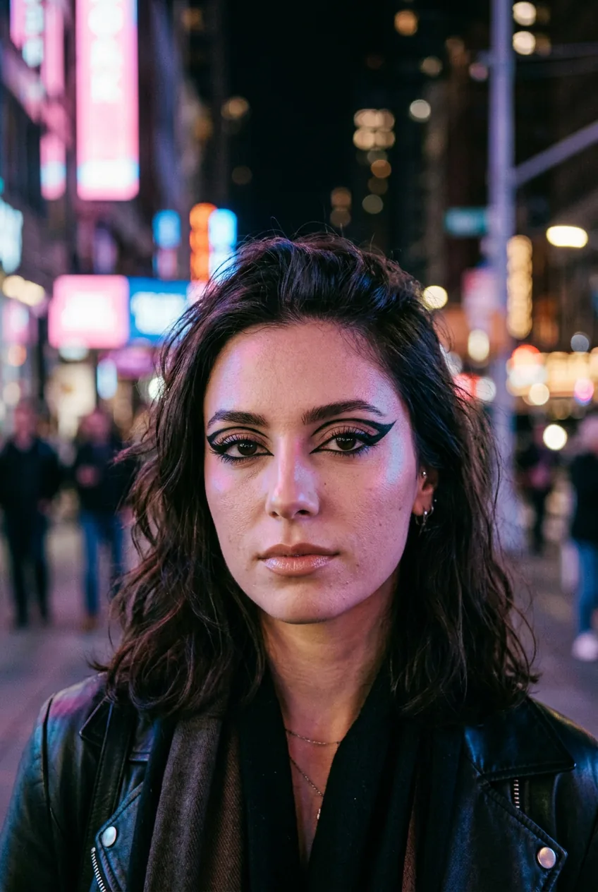 Woman showing extended black winged eyeliner technique with dramatic graphic wing shape