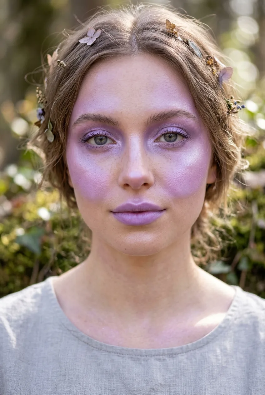 Woman showing draped purple color technique across eyes cheeks lips for ethereal ghost look