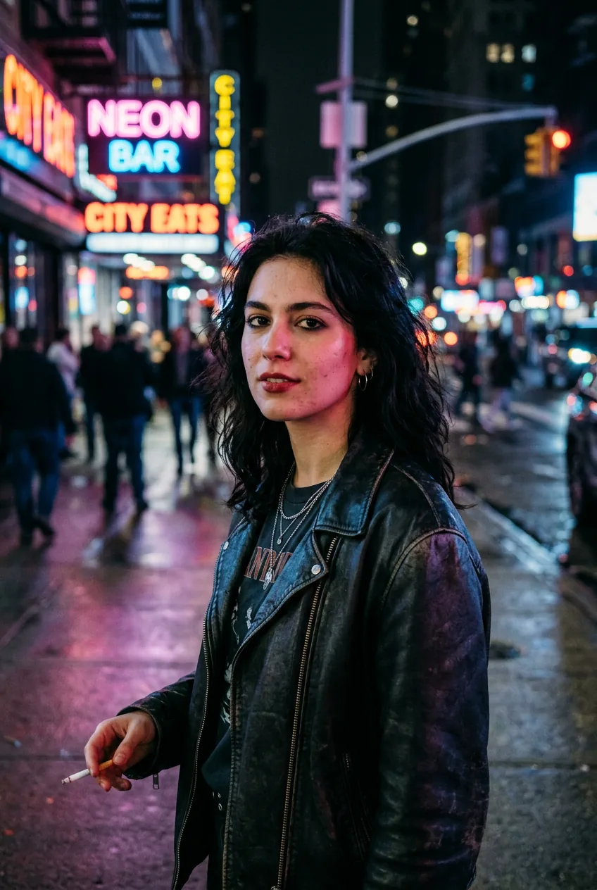 Woman with simple drugstore grunge makeup look on nighttime city street