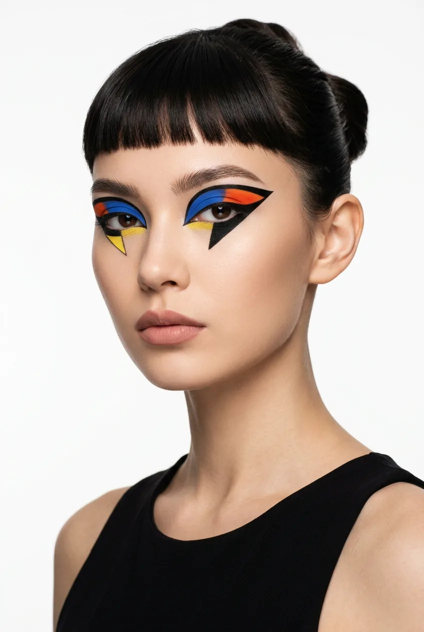 Woman displaying editorial avant-garde makeup with geometric liner and creative artistic color placement