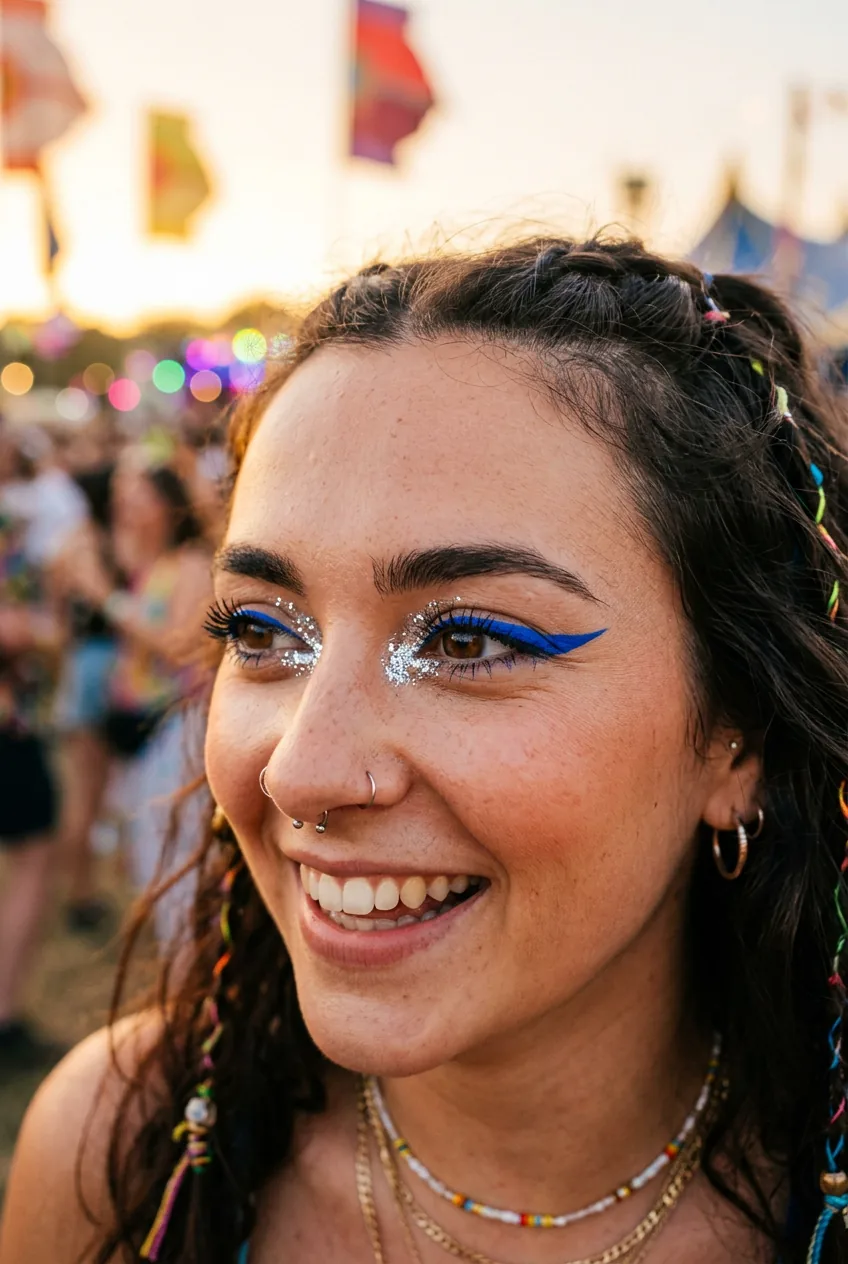 Close-up of woman's eyes with electric blue winged eyeliner and silver glitter accents