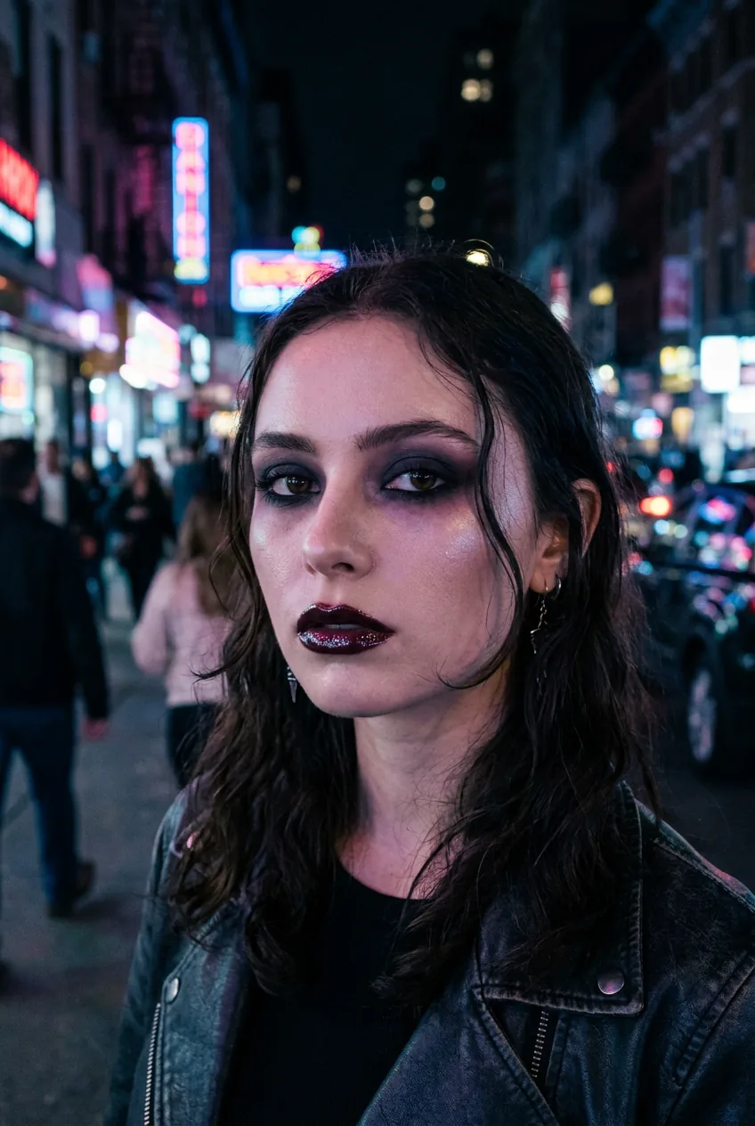 Woman with ethereal vampire makeup featuring purple and charcoal smoky eyes with glossy dark lips