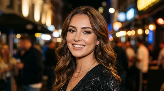 Woman with finished evening glam makeup featuring smoky eyes and nude lips in warm city lighting